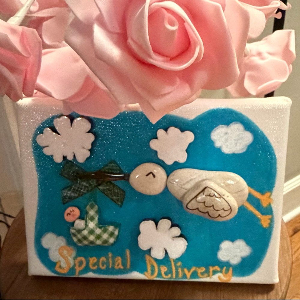 “Stork” Wall Art. Handpainted multi media in baby shower/announcement theme.
